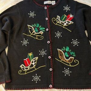 Vintage Christmas Sweater Mob Wife Sleigh SZ M Sequins Pearls Embroidered